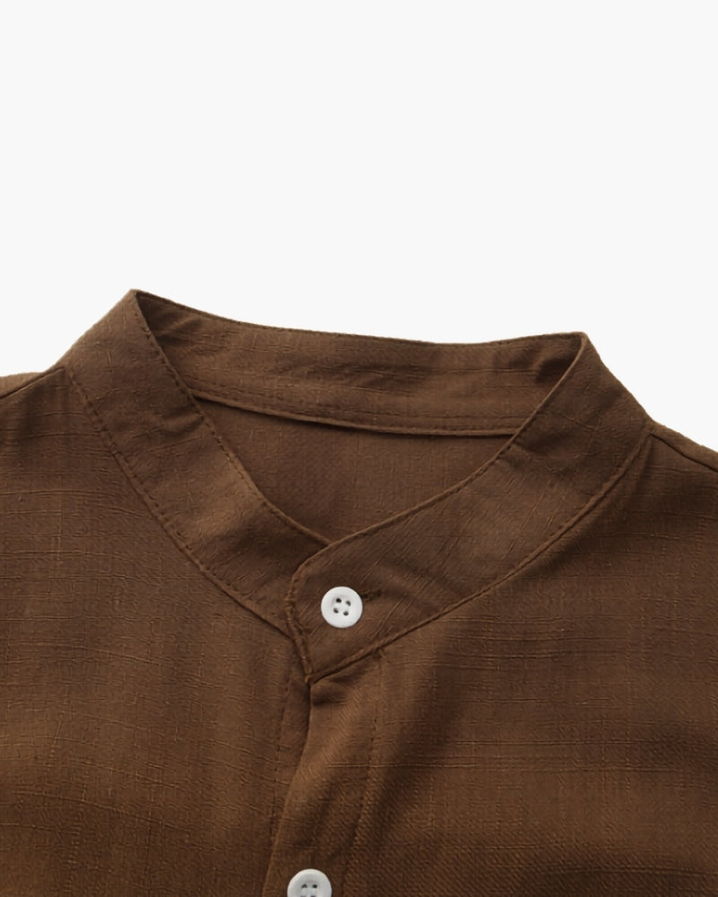 Men’s Mandarin Collar Shirt – Relaxed Fit Textured Cotton Shirt - Old Money